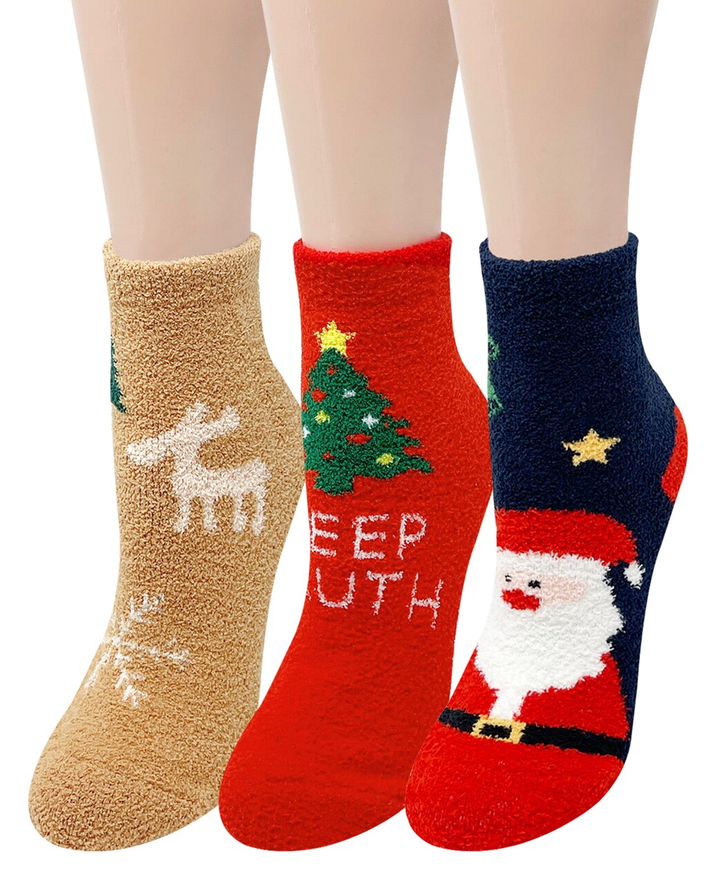 Wrapables Novelty Winter Warm Christmas Fuzzy Slipper Socks for Women (Set  of 3), Santa